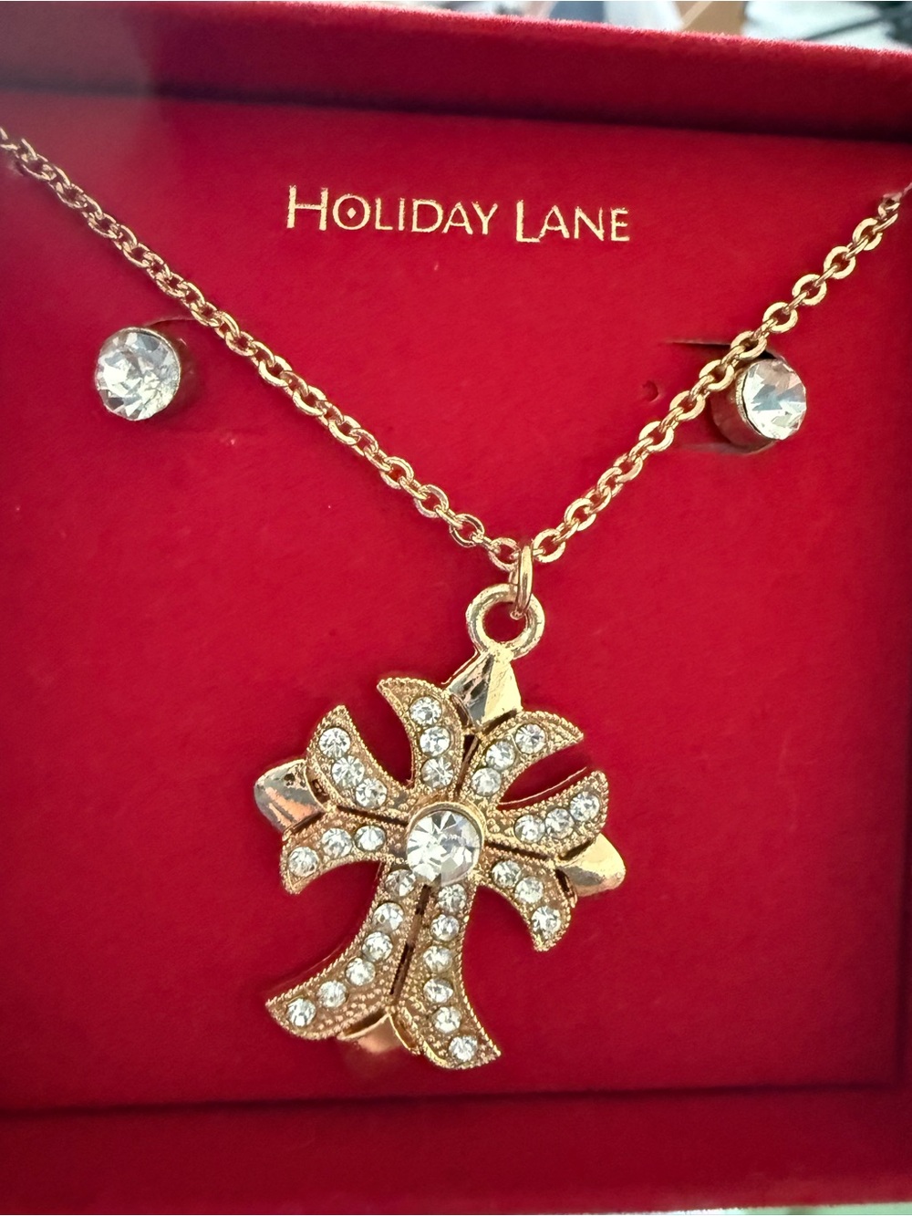 Vintage Gold Crystal Religious Cross Pendant Necklace Set